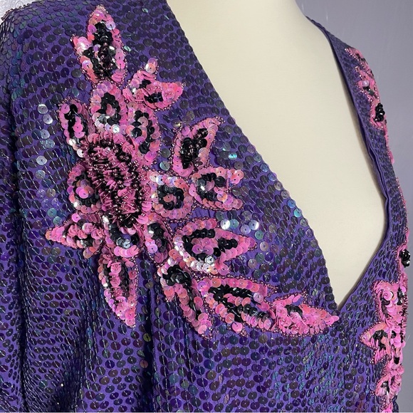 Vintage Silk & Sequins Purple Dress Hand Made - Picture 3 of 14